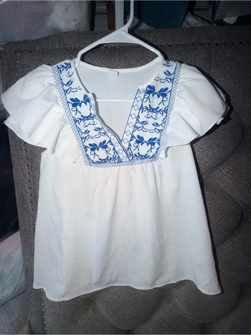 Boho White Flutter-Sleeve Top with Blue Embroidery